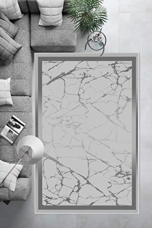 Gri Deko Deri Kaymaz Taban Çerçeve Salon Saçaksız Halı B1288