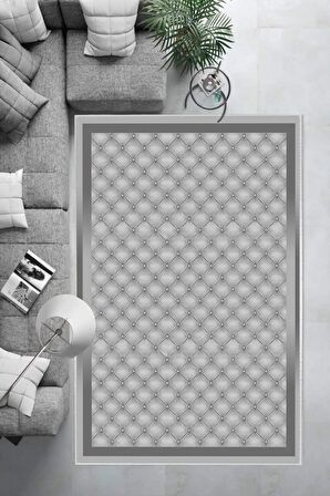 Gri Deko Deri Kaymaz Taban Modern Salon Saçaksız Halı B1291