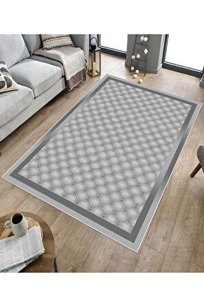 Gri Deko Deri Kaymaz Taban Modern Salon Saçaksız Halı B1291