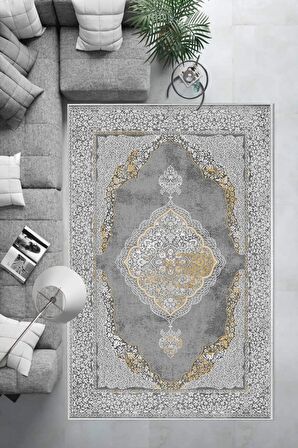 Gri Deko Deri Kaymaz Taban Göbekli Salon Saçaksız Halı E4141