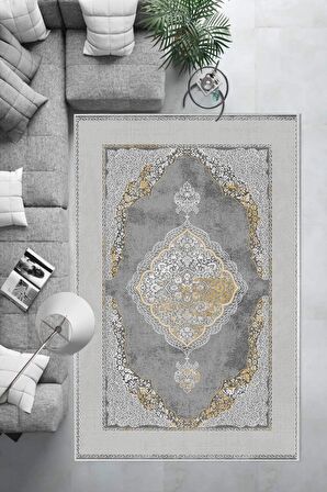 Gri Deko Deri Kaymaz Taban ÇerçeveGöbek Salon Saçaksız Halı E4143