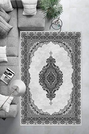 Siyah-Gri Deko Deri Kaymaz Taban Göbekli Salon Saçaksız Halı E4152