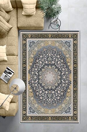 Lacivert Deko Deri Kaymaz Taban Göbekli Salon Saçaksız Halı E4154