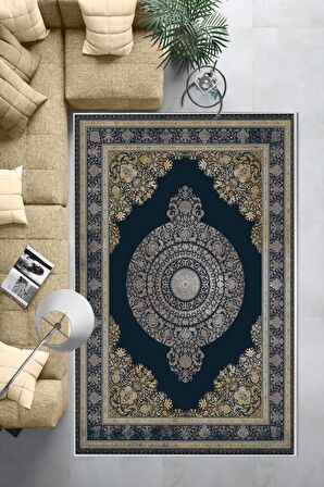 Lacivert Deko Deri Kaymaz Taban Göbekli Salon Saçaksız Halı E4157