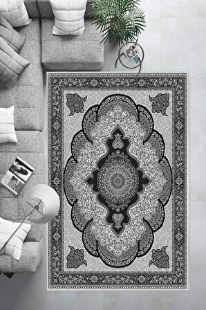 Siyah-Gri Deko Deri Kaymaz Taban Göbekli Salon Saçaksız Halı E4164