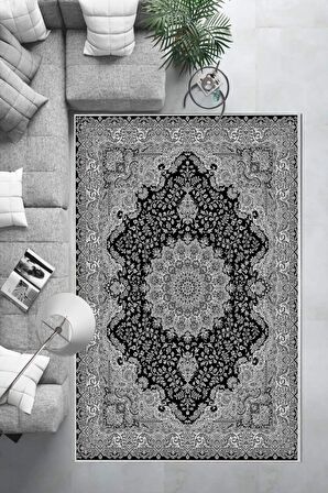 Gri-Siyah Deko Deri Kaymaz Taban Göbekli Salon Saçaksız Halı E4170