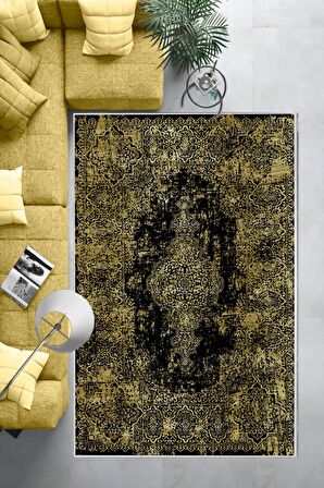 Gold Deko Deri Kaymaz Taban Vintage Göbekli Salon Saçaksız Halı E4173