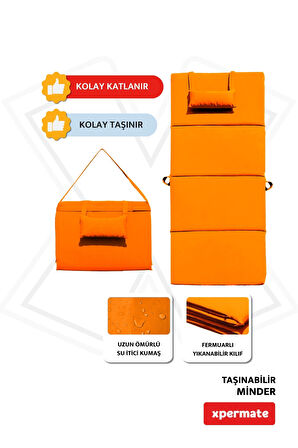XPERMATE Katlanır Şezlong Minderi - Taşınır Kamp Yatağı Su Itici Solmaz Kumaş 180x60x3 Turuncu Ultraluks