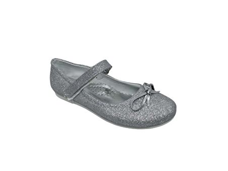 Zerhan 100 Kız Bebek Çocuk Gri Simli Fiyonklu Cırtlı Babet