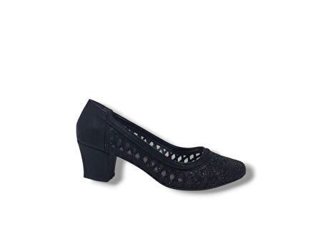 İzlife 362 Kadın Siyah Dantel Pırıltılı Küt Burun Alçak Topuk Abiye Ayakkabı