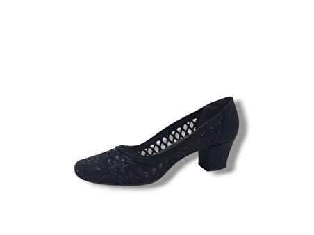İzlife 362 Kadın Siyah Dantel Pırıltılı Küt Burun Alçak Topuk Abiye Ayakkabı