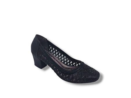İzlife 362 Kadın Siyah Dantel Pırıltılı Küt Burun Alçak Topuk Abiye Ayakkabı
