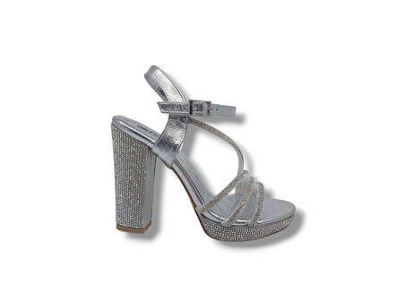İzlife 179 Kadın Gümüş Pırıltılı Platform Topuklu Abiye Ayakkabı
