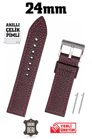 24mm Bordo Spor Hakiki Deri Saat Kordonu Kayış Akıllı Pimli