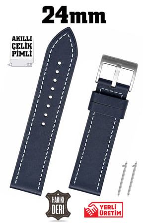 24mm Lacivert Spor Hakiki Deri Saat Kordonu Kayış Akıllı Pimli