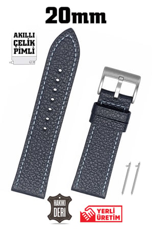 20mm Lacivert Floter Spor Hakiki Deri Saat Kordonu Kayış Akıllı Pimli