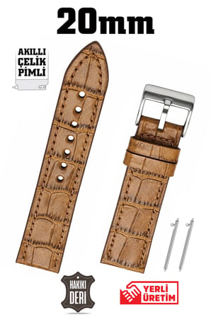 20mm Açık Kahverengi Taba Kroko Spor Hakiki Deri Saat Kordonu Kayış Akıllı Pimli