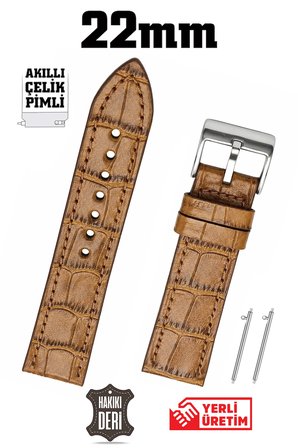 22mm Açık Kahverengi Taba Kroko Spor Hakiki Deri Saat Kordonu Kayış Akıllı Pimli