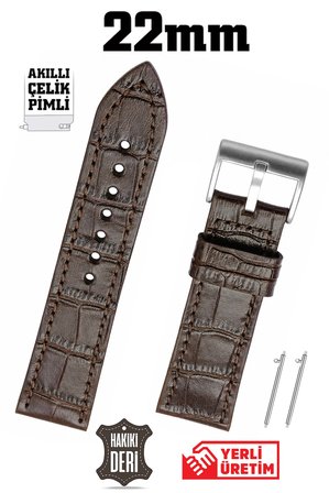 22mm Koyu Kahverengi Kroko Spor Hakiki Deri Saat Kordonu Kayış Akıllı Pimli