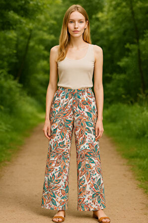 Kadın Viskon Pantolon - Beli Lastikli - Desenli