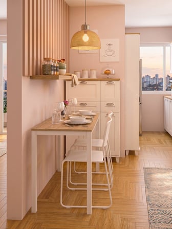 Minimal Meşe Desenli Çok Amaçlı Mutfak Masası – 116x45x75cm | Beyaz Metal Profil Ayaklı