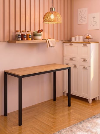 Minimal Meşe Desenli Mutfak Masası – 116x45x75 cm | Siyah Metal Profil Ayaklı