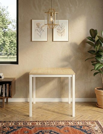 Modern Mutfak Masası 88x60cm Beyaz Metal Ayak Ahşap Desenli