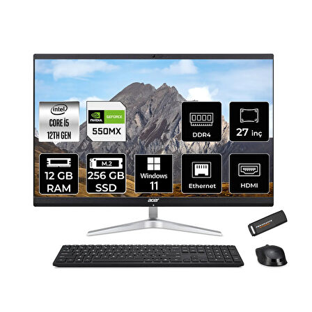Acer Aspire C27-1751 i5 1240P 12GB 256GB SSD GeForce MX550/2GB 27" FHD W11H All In One PC Siyah & PE