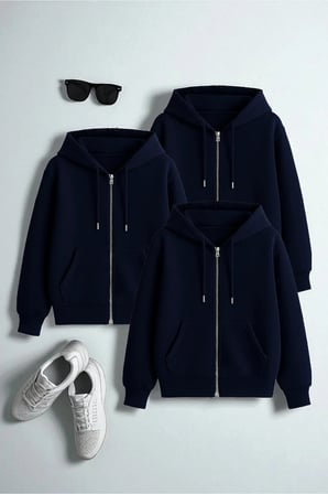 Unisex Lacivert & Lacivert & Lacivert Fermuar Kapüşonlu Sweatshirt 3 lü Fırsat paketi