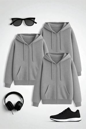 Unisex Gri & Gri & Gri Fermuar Kapüşonlu Sweatshirt 3 lü Fırsat paketi