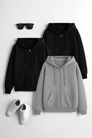 Unisex Siyah & Siyah & GriFermuar Kapüşonlu Sweatshirt 3 lü Fırsat paketi
