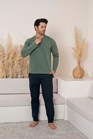 Erkek 3 Düğmeli %100 Pamuk Mevsimlik Uzun Kol Cepli Pijama Takımı