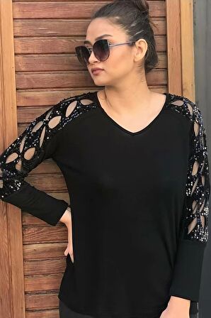 Kolları Lazer Kesim Pullu Bluz