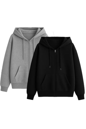 Unisex Siyah & Gri Fermuar Kapüşonlu Sweatshirt 2 ' li Fırsat Paketi