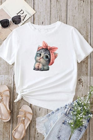 Unisex Sevimli Kedi Tasarım T-shirt