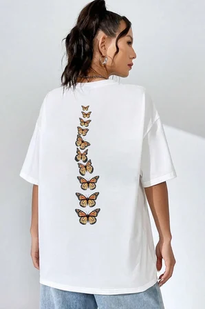 Unisex Sırt Kral Kelebek Baskılı T-shirt