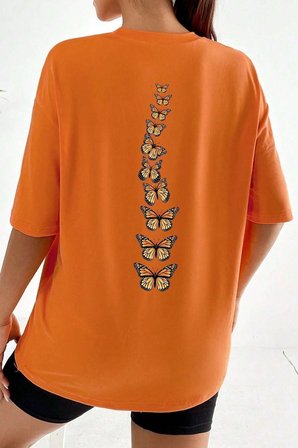 Unisex Sırt Kral Kelebek Baskılı T-shirt