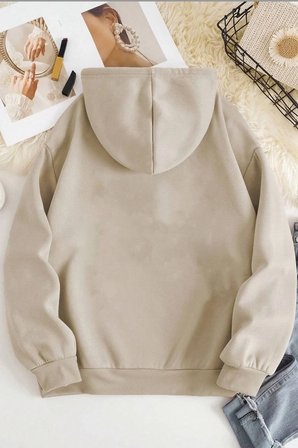 Unisex Bej Oversize Kapüşonlu Sweatshirt