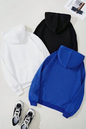 Unisex Düz 3' Lü Baskısız Kapüşonlu Oversize Sweatshirt