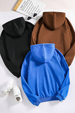 Unisex Düz 3' Lü Baskısız Kapüşonlu Oversize Sweatshirt