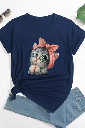 Unisex Sevimli Kedi Tasarım T-shirt