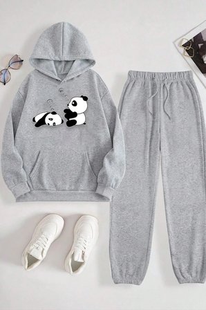 Unisex Uykucu Panda Baskılı Rahat Eşofman Takımı