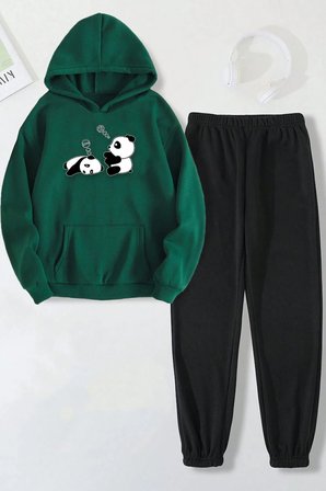Unisex Uykucu Panda Baskılı Rahat Eşofman Takımı