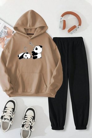Unisex Uykucu Panda Baskılı Rahat Eşofman Takımı