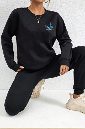 Uyguntarz Unisex Blues Butterfly Baskılı Bisiklet Yaka Eşofman Takımı