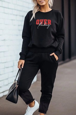 Unisex Over Baskılı Bisiklet Yaka Sweatshirt - 2'li Eşofman Takımı