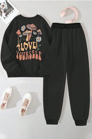 Unisex Love Yourself Baskılı Bisiklet Yaka Sweatshirt - 2'li Eşofman Takımı