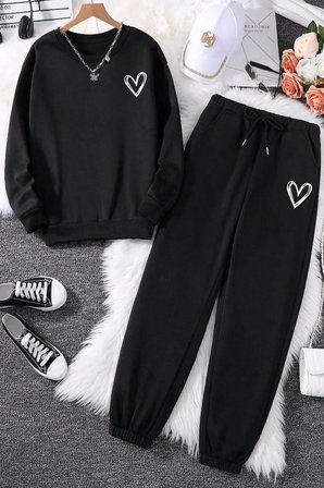 Kalp Baskılı Unisex Bisiklet Yaka Sweatshirt - 2'li Eşofman Takımı