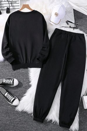Kalp Baskılı Unisex Bisiklet Yaka Sweatshirt - 2'li Eşofman Takımı