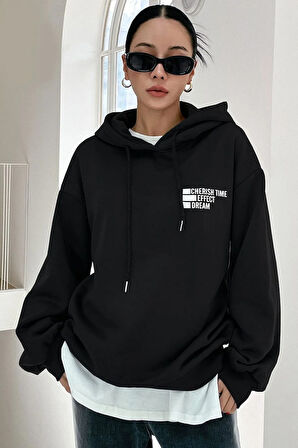 Butarz Unisex Siyah Cherish Time Baskılı Kapüşonlu Sweatshirt